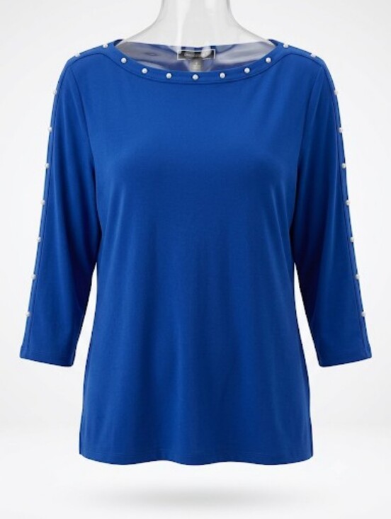Karen Scott Tops - Karen Scott Royal Blue Silver Stud Trim Boat Neck 3/4 Sleeve Top Sz 1X